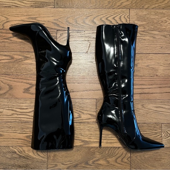 Fashion Nova Black Patent Stiletto Boots Pointed Toe Sz 11 - Picture 2 of 5